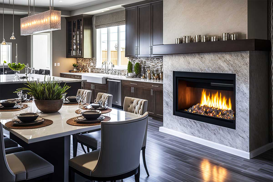 a dining room with a marbled fireplace